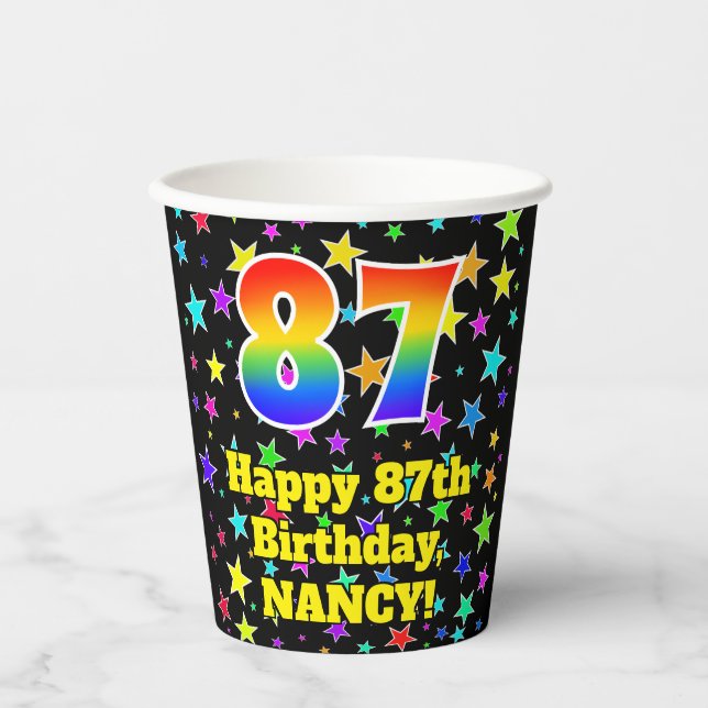 87th Birthday: Fun Stars Pattern and Rainbow 87 Paper Cups (Front)