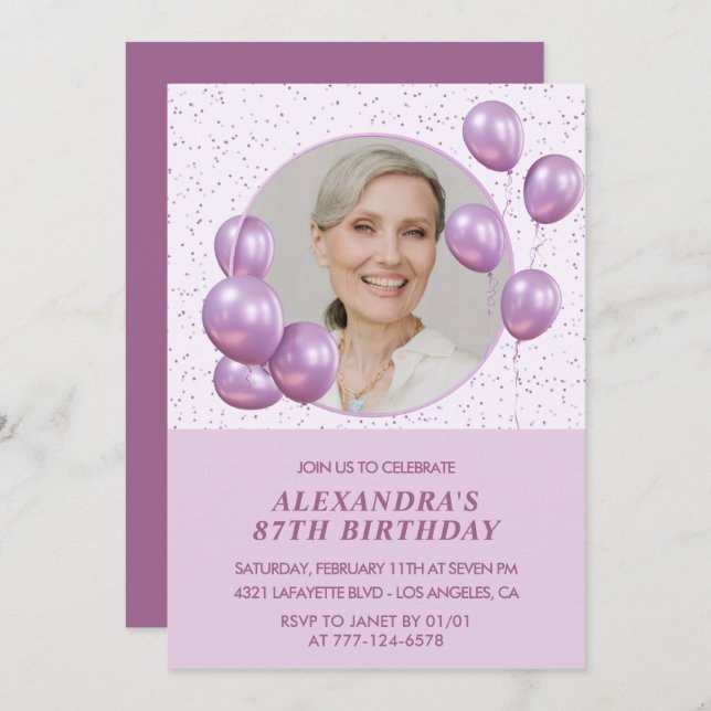 87th birthday invitations Photo Purple Balloons (Front/Back)
