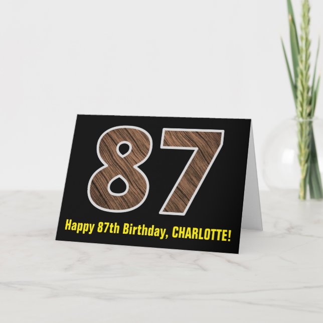 87th Birthday: Name + Faux Wood Grain Pattern "87" Card (Front)