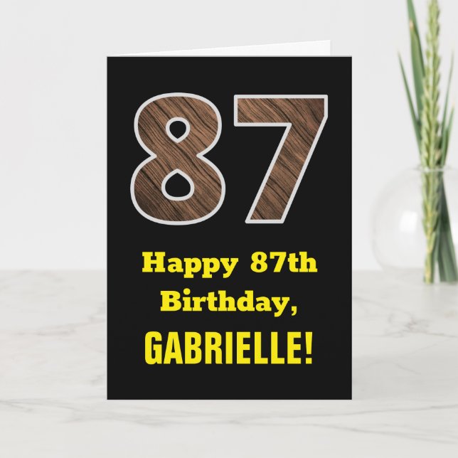 87th Birthday: Name, Faux Wood Grain Pattern "87" Card (Front)