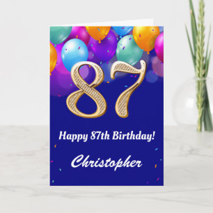 87th Birthday Navy Blue and Gold Colourful Balloon Card