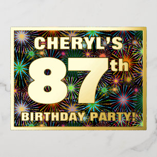 87th Birthday Party: Bold, Colourful Fireworks Loo Foil Invitation Postcard