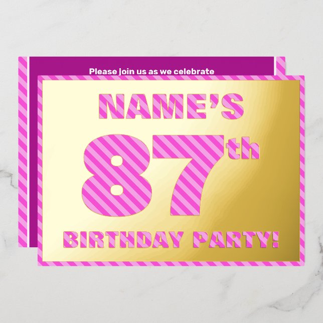 87th Birthday Party — Bold, Fun, Pink Stripes # 87 (Front/Back)