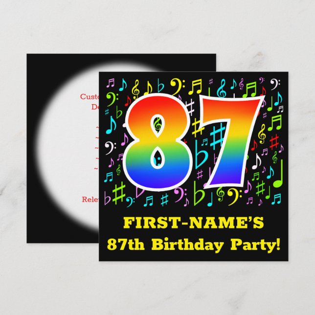 87th Birthday Party: Fun Music Symbols, Rainbow 87 Invitation (Front/Back)