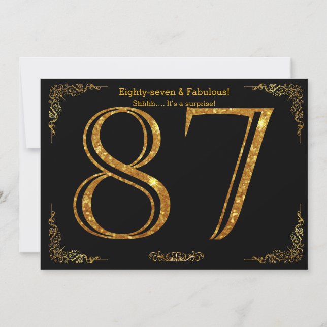87th Birthday party,Gatsby styl,black gold glitter Invitation (Front)