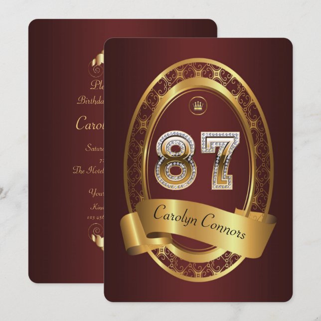 87th,birthday party woman man,elegant colour invitation (Front/Back)