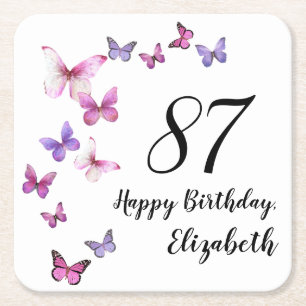 87th Birthday Pink Purple Butterflies Square Paper Coaster