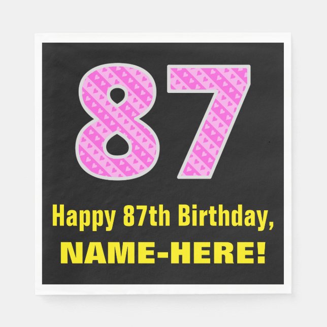87th Birthday: Pink Stripes and Hearts "87" + Name Napkin (Front)
