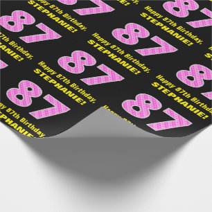 87th Birthday: Pink Stripes and Hearts "87" + Name Wrapping Paper