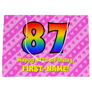 87th Birthday: Pink Stripes & Hearts, Rainbow # 87 Large Gift Bag