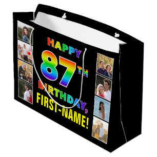 87th Birthday: Rainbow Text, Custom Photos & Name Large Gift Bag
