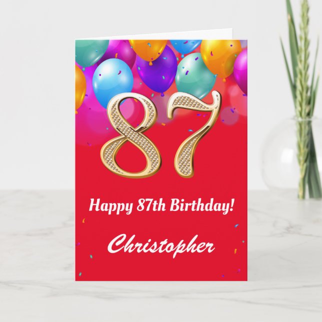 87th Birthday Red and Gold Colourful Balloons Card (Front)