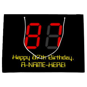 87th Birthday: Red Digital Clock Style "87" + Name Large Gift Bag