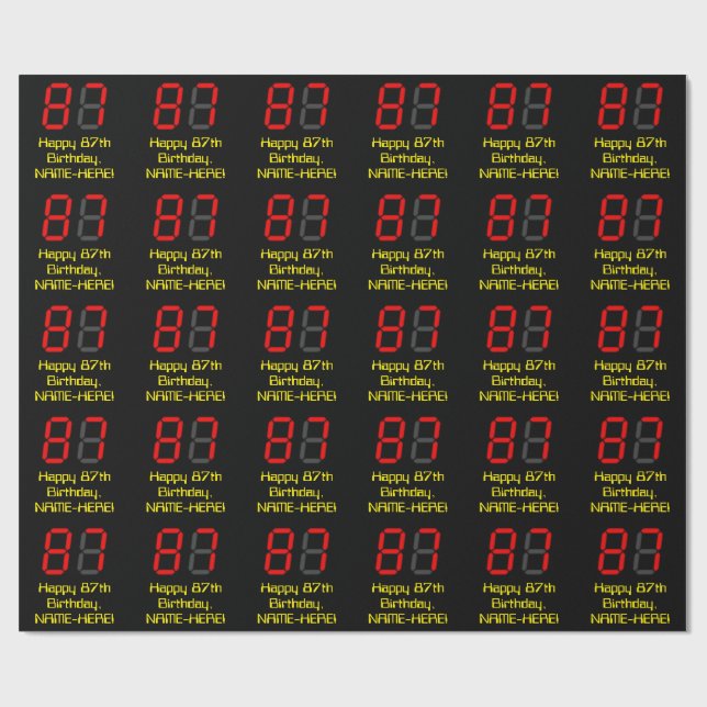 87th Birthday: Red Digital Clock Style "87" + Name Wrapping Paper (Flat)