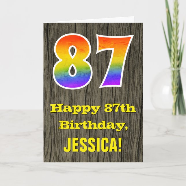 87th Birthday: Rustic Faux Wood Look, Rainbow "87" Card (Front)
