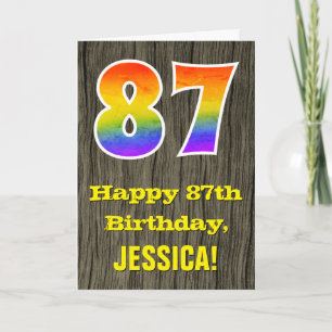 87th Birthday: Rustic Faux Wood Look, Rainbow "87" Card