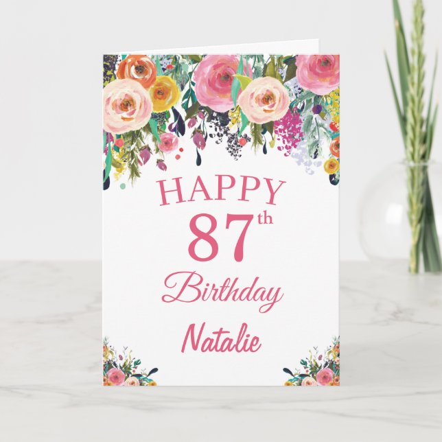 87th Birthday Watercolor Floral Flowers Pink Card (Front)