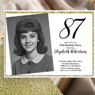 87th Custom Photo White and Gold Birthday Invitation