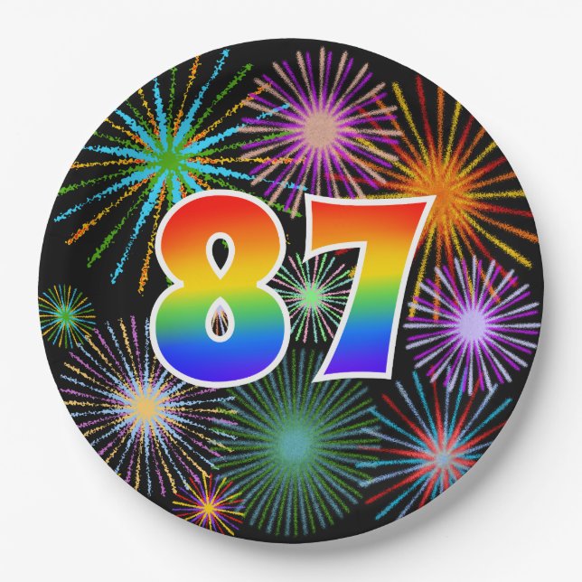 87th Event - Fun, Colourful, Bold, Rainbow 87 Paper Plate (Front)