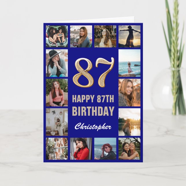 87th Happy Birthday Navy Blue & Gold Photo Collage Card (Front)
