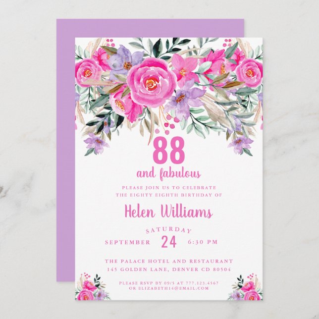 88 and fabulous pink 88th birthday invitation (Front/Back)
