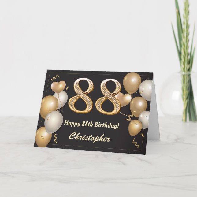88th Birthday Black and Gold Balloons Birthday Card (Front)