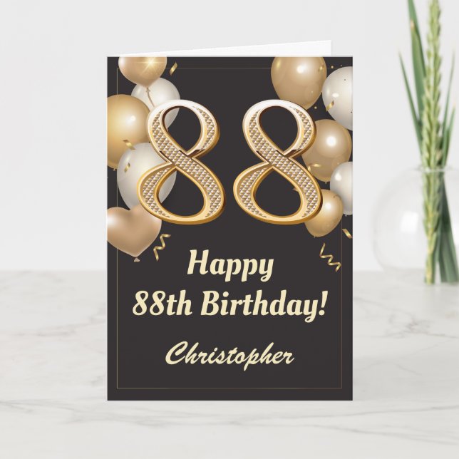 88th Birthday Black and Gold Balloons Confetti Card (Front)
