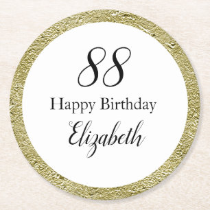 88th Birthday Black White and Gold  Round Paper Coaster