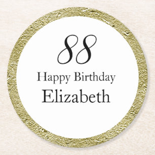 88th Birthday Black White and Gold  Round Paper Coaster