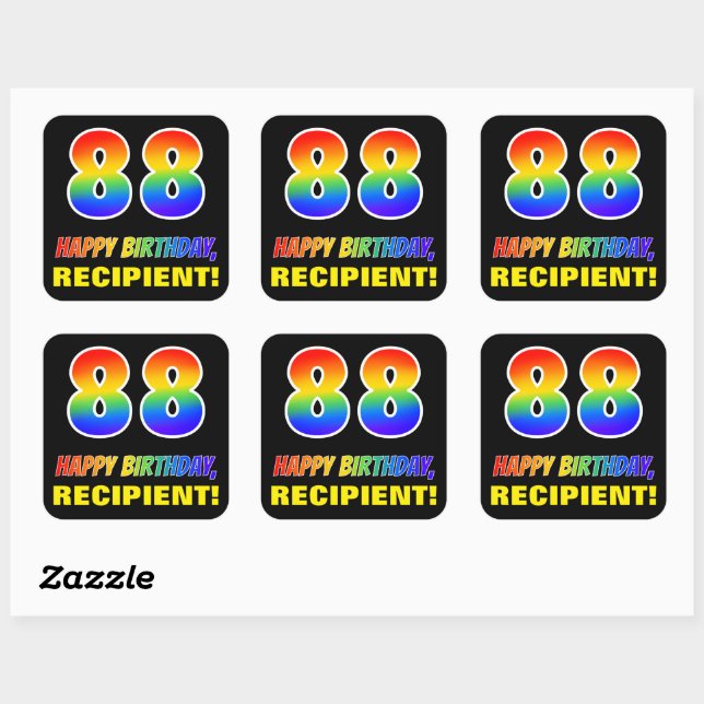 88th Birthday: Bold, Fun, Simple, Rainbow 88 Square Sticker (Sheet)