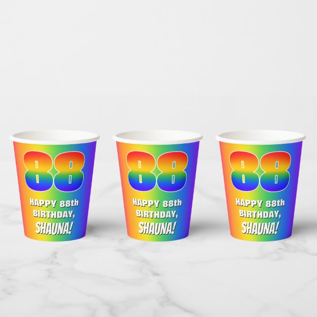 88th Birthday: Colourful, Fun Rainbow Pattern # 88 Paper Cups (Multi)