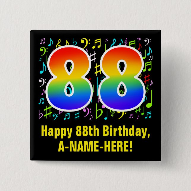 88th Birthday: Colourful Music Symbols, Rainbow 88 15 Cm Square Badge (Front)