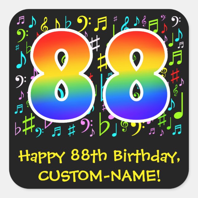 88th Birthday: Colourful Music Symbols, Rainbow 88 Square Sticker (Front)