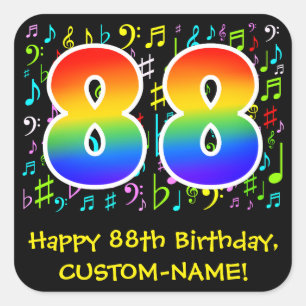 88th Birthday: Colourful Music Symbols, Rainbow 88 Square Sticker
