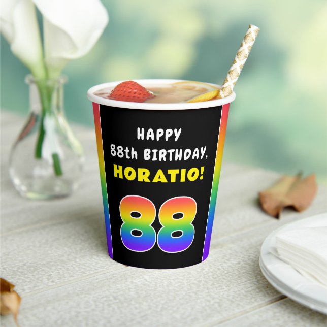 88th Birthday: Colourful Rainbow # 88, Custom Name Paper Cups (Insitu)