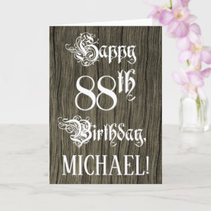 88th Birthday: Fancy, Elegant Text; Faux Wood Look Card