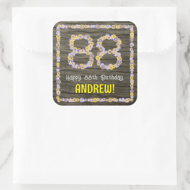 88th Birthday: Floral Number, Faux Wood Look, Name Square Sticker (Bag)