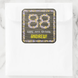88th Birthday: Floral Number, Faux Wood Look, Name Square Sticker