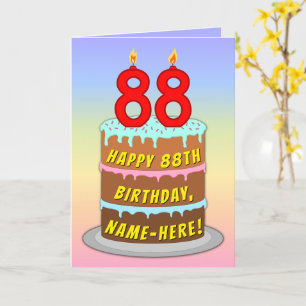 88th Birthday — Fun Cake & Candles, w/ Custom Name Card