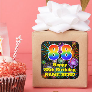 88th Birthday: Fun Fireworks Look, Rainbow # 88 Square Sticker