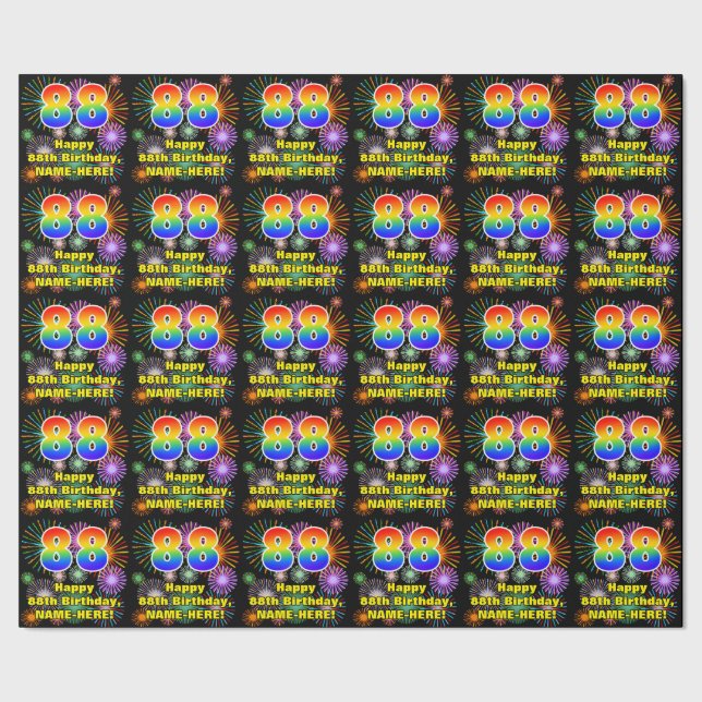 88th Birthday: Fun Fireworks, Rainbow Look # “88” Wrapping Paper (Seam)