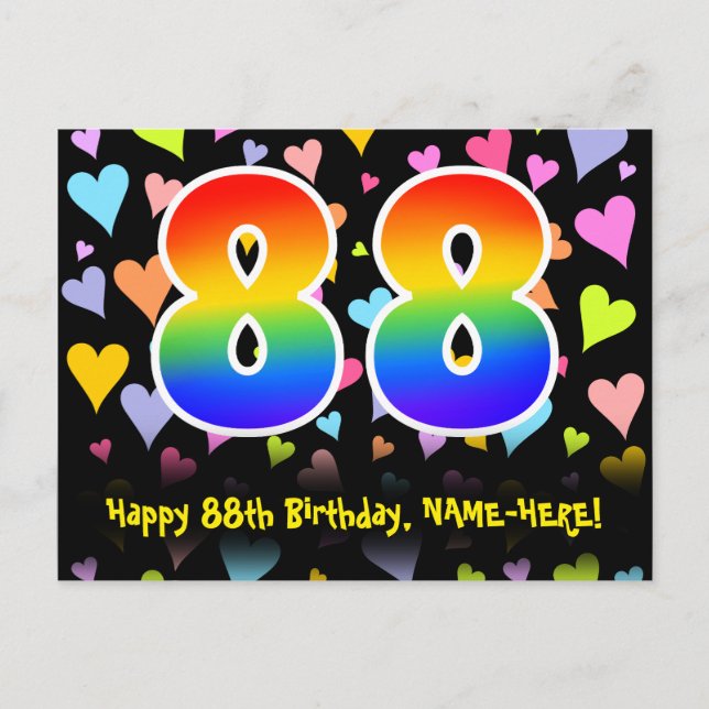 88th Birthday: Fun Hearts Pattern, Rainbow 88 Postcard (Front)