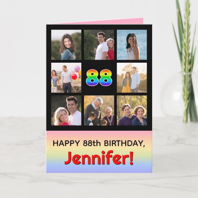 88th Birthday: Fun Rainbow #, Custom Photos + Name Card (Front)