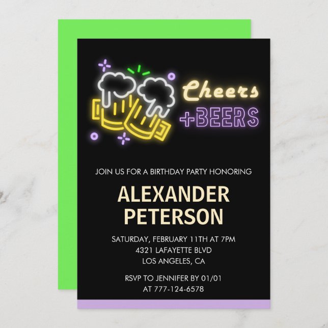 88th birthday invitation Cheers Beer Men Neon Glow (Front/Back)
