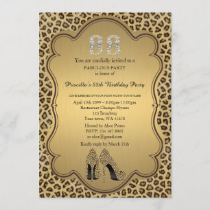 88th Birthday invitation, numbers diamonds,Cheetah Invitation