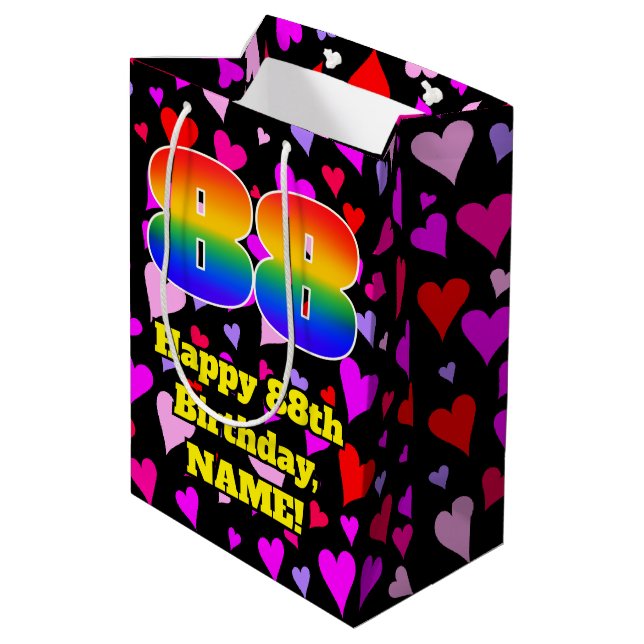 88th Birthday: Loving Hearts Pattern, Rainbow # 88 Medium Gift Bag (Back Angled)