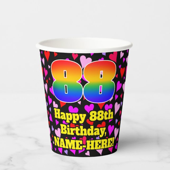 88th Birthday: Loving Hearts Pattern, Rainbow 88 Paper Cups (Front)