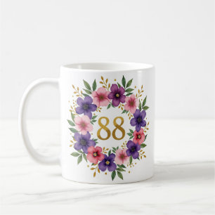 88th Birthday Mug – Floral Wreath with Gold Number