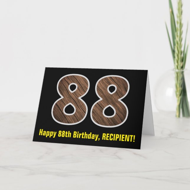 88th Birthday: Name + Faux Wood Grain Pattern "88" Card (Front)