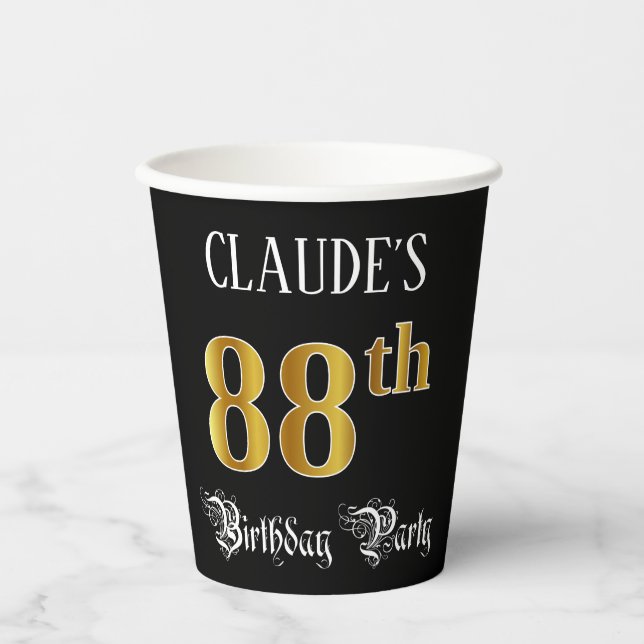 88th Birthday Party — Fancy Script, Faux Gold Look Paper Cups (Front)